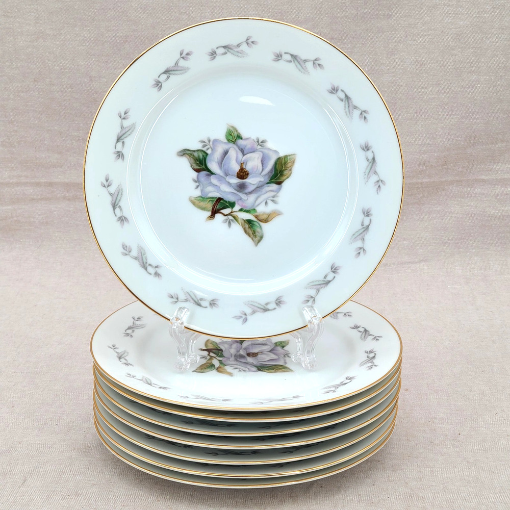 Set of 8 ROSALINDA YAMAKA JAPAN VTG White Flower, Gray Leaves Salad Plate 7.5"